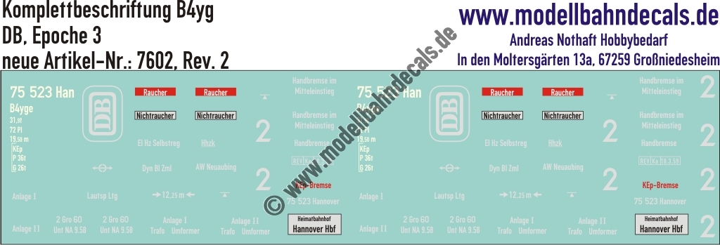 "Nass-Schiebebilder: Personenwagen-Komplettbeschriftung B4yge, DB, Epoche 3. Artikel-Nummer: 7602"
