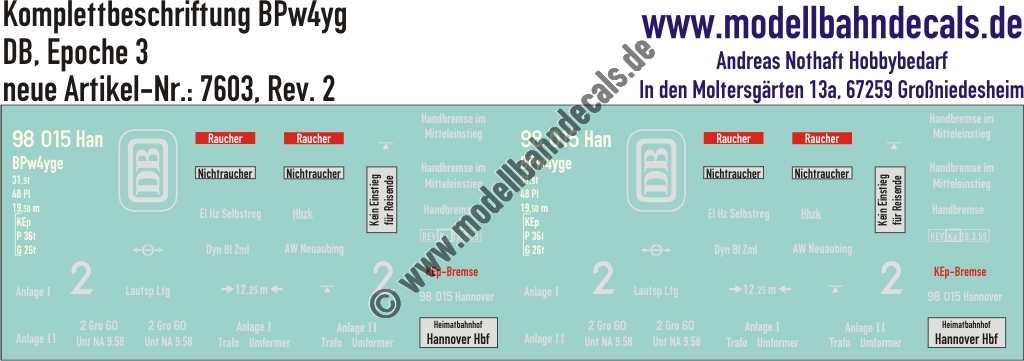"Nass-Schiebebilder: Personenwagen-Komplettbeschriftung BPw4yge, DB, Epoche 3. Artikel-Nummer: 7603"