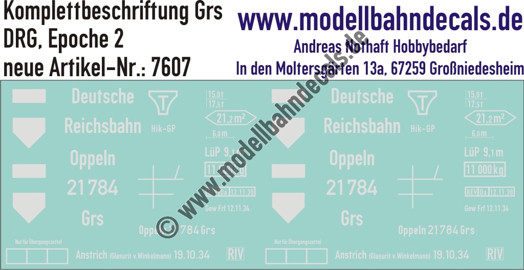"Nass-Schiebebilder: Güterwagen-Komplettbeschriftung Grs Oppeln, DRG, Epoche 2. Artikel-Nummer: 7607"