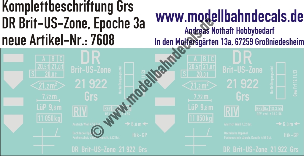 "Nass-Schiebebilder: Güterwagen-Komplettbeschriftung Grs, DR Brit-US-Zone, Epoche 3a. Artikel-Nummer: 7608"