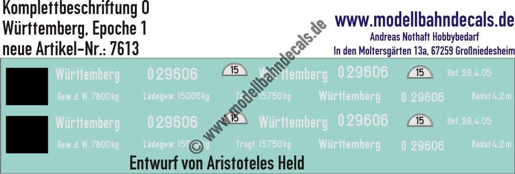 "Nass-Schiebebilder: Güterwagen-Komplettbeschriftung O, Württemberg, Epoche 1. Artikel-Nummer: 7613"