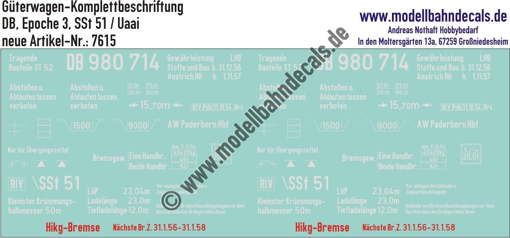 Nass-Schiebebilder: Güterwagen-Komplettbeschriftung SSt 51/Uaai - DB Epoche 3. Artikel-Nummer: 7615