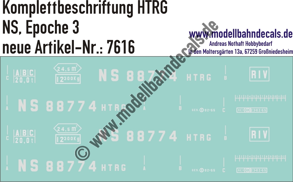 "Nass-Schiebebilder: Güterwagen-Komplettbeschriftung HTRG, NS, Epoche 3. Artikel-Nummer: 7616"
