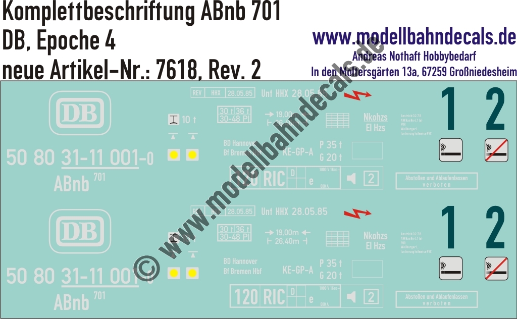 "Nass-Schiebebilder: Personenwagen-Komplettbeschriftung ABnb 701, DB, Epoche 4. Artikel-Nummer: 7618"