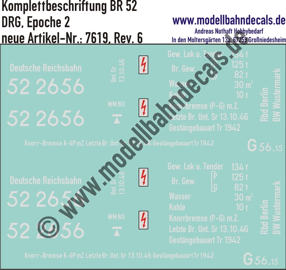 "Nass-Schiebebilder: Lok-Komplettbeschriftung BR 52, DRG, Epoche 2. Artikel-Nummer: 7619"