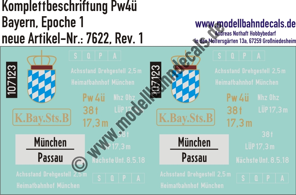 "Nass-Schiebebilder: Personenwagen-Komplettbeschriftung Pw4ü, Bayern, Epoche 1. Artikel-Nummer: 7622"