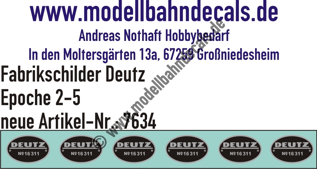 "Nass-Schiebebilder: 6 Stück Fabrikschilder Deutz (No. 16311), Silber/Schwarz, Epochen 2-5, Individualisierung möglich. Artikel-Nummer: 7634"