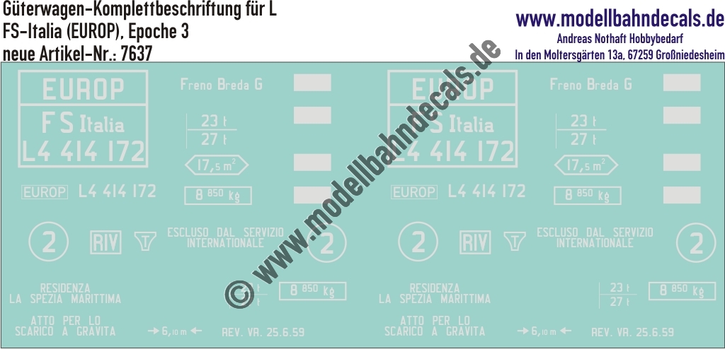 "Nass-Schiebebilder: Güterwagen-Komplettbeschriftung L, FS Italia (EUROP), Epoche 3. Artikel-Nummer: 7637"