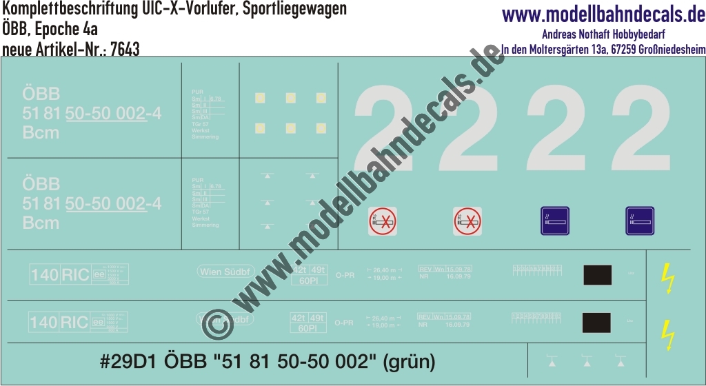 Nass-Schiebebilder: Komplettbeschriftung ÖBB UIC-X-Vorläufer, Sportliegewagen, Epoche 4a. Artikel-Nummer: 7643