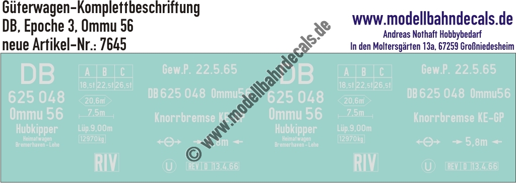 Nass-Schiebebilder: Güterwagen-Komplettbeschriftung Ommu 56 (Hubkipper) - DB Epoche 3. Artikel-Nummer: 7645