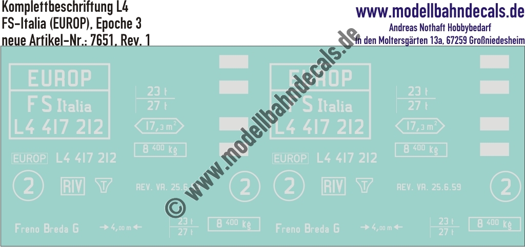 "Nass-Schiebebilder: Güterwagen-Komplettbeschriftung L4, FS Italia (EUROP), Epoche 3. Artikel-Nummer: 7651"