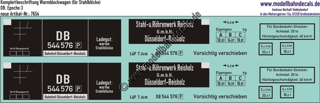 "Nass-Schiebebilder: Güterwagen-Komplettbeschriftung Warmblockwagen (für warme Stahlblöcke), DB, Epoche 3. Artikel-Nummer: 7654"