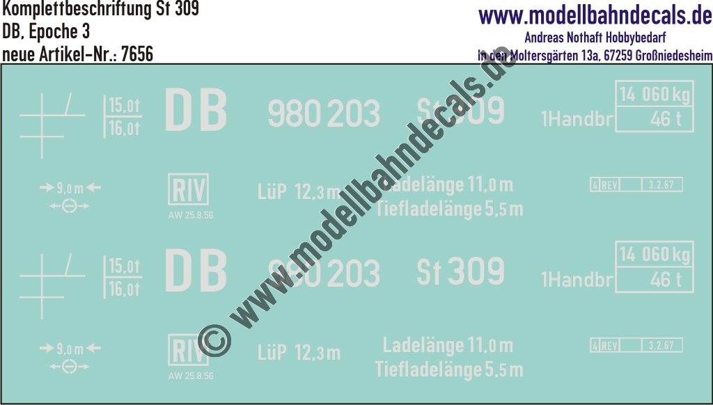 "Nass-Schiebebilder: Güterwagen-Komplettbeschriftung St 309, DB, Epoche 3. Artikel-Nummer: 7656"