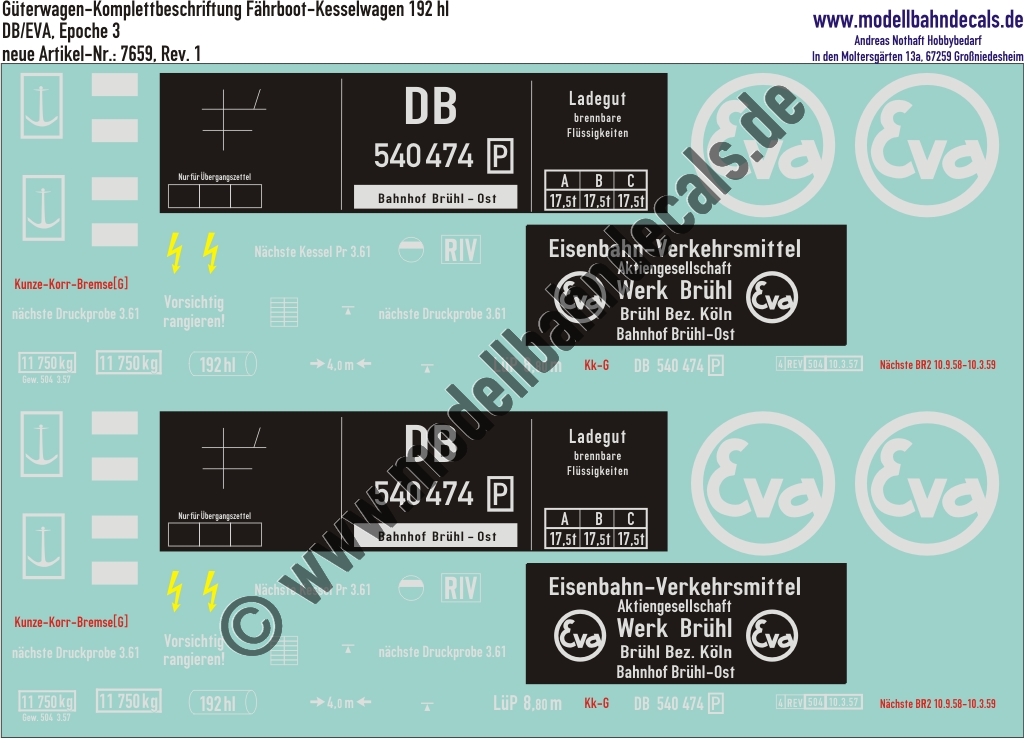 "Nass-Schiebebilder: Güterwagen-Komplettbeschriftung Fährboot-Kesselwagen 192 hl, DB/EVA, Epoche 3. Artikel-Nummer: 7659"