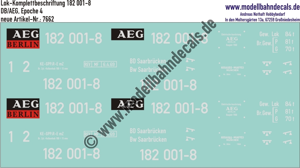 "Nass-Schiebebilder: Lok-Komplettbeschriftung 182 001-8, DB/AEG, Epoche 4. Artikel-Nummer: 7662"