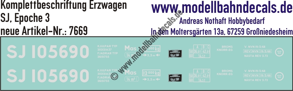Nass-Schiebebilder: Komplettbeschriftung Mas Erzwagen SJ, Epoche 3. Artikel-Nummer: 7669