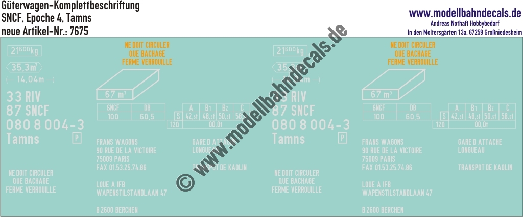 Nass-Schiebebilder: Güterwagen-Komplettbeschriftung Tamns - SNCF Epoche 4. Artikel-Nummer: 7675