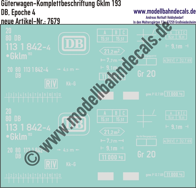 "Nass-Schiebebilder: Güterwagen-Komplettbeschriftung Gklm 193, DB, Epoche 4. Artikel-Nummer: 7679"