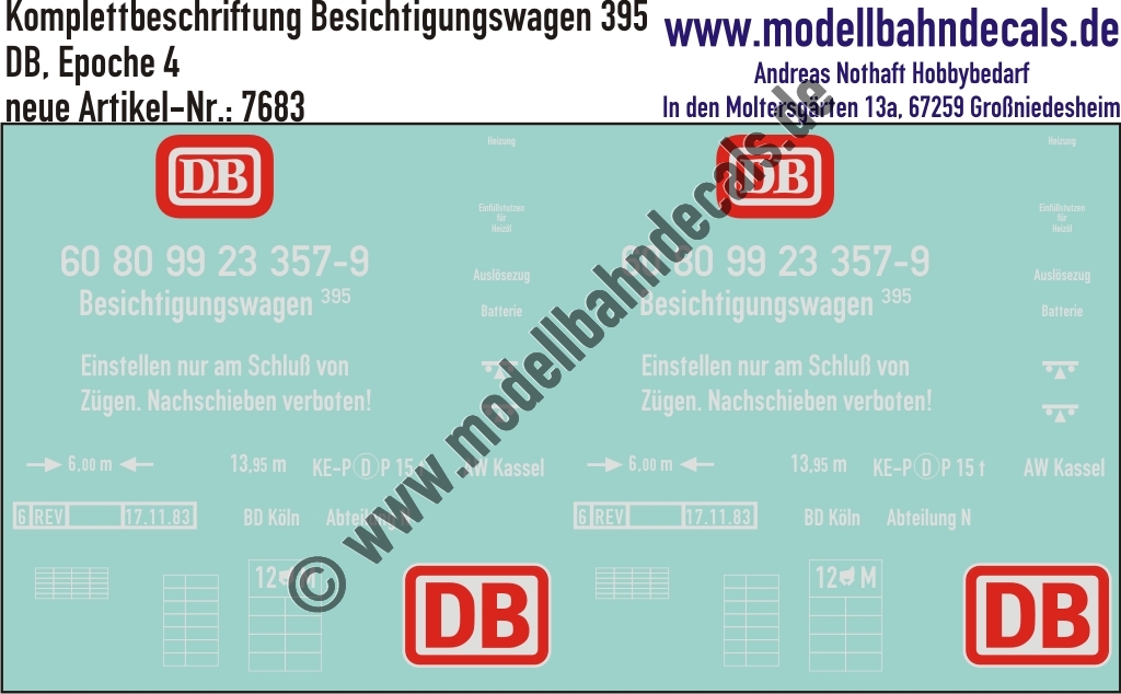 "Nass-Schiebebilder: Komplettbeschriftung für einen Besichtigungswagen 395 (Basis VT 95), DB, Epoche 4. Artikel-Nummer: 7683"