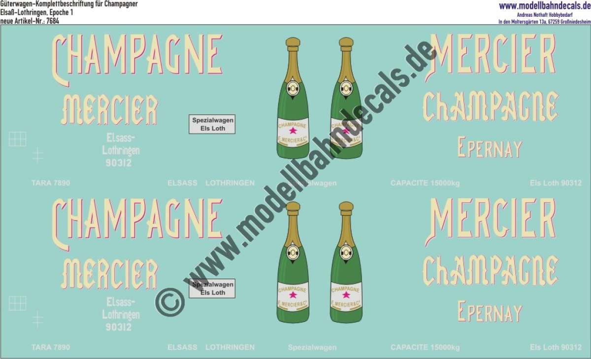 Nass-Schiebebilder: Güterwagen-Komplettbeschriftung Champagner-Spezialwagen, Elsass-Lothingen, Epoche 1. Artikel-Nummer: 7684