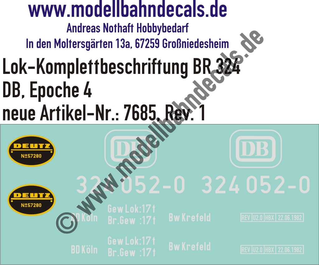 Nass-Schiebebilder: Lok-Komplettbeschriftung BR 324 - DB Epoche 4. Artikel-Nummer: 7685