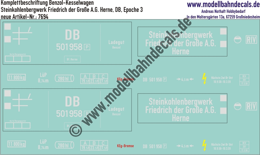 "Nass-Schiebebilder: Güterwagen-Komplettbeschriftung Benzol-Kesselwagen Steinkohlenbergwerk Friedrich der Große A.G. Herne, DB, Epoche 3. Artikel-Nummer: 7694"