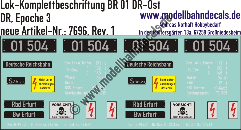 Nass-Schiebebilder: Lok-Komplettbeschriftung BR 01 - DR Epoche 3. Artikel-Nummer: 7696