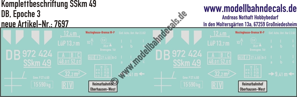"Nass-Schiebebilder: Güterwagen-Komplettbeschriftung SSkm 49, DB, Epoche 3. Artikel-Nummer: 7697"
