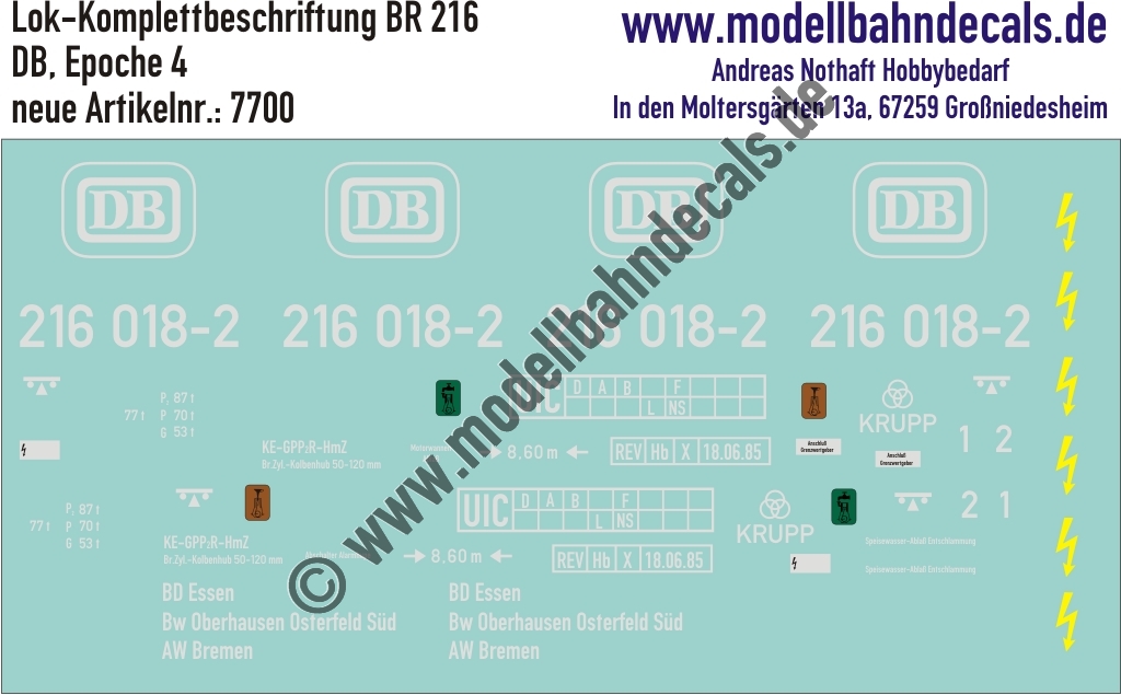 Nass-Schiebebilder: Lok-Komplettbeschriftung BR 216 - DB Epoche 4. Artikel-Nummer: 7700