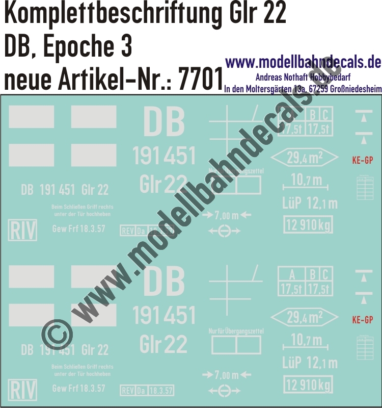 "Nass-Schiebebilder: Güterwagen-Komplettbeschriftung für Glr 22, DB, Epoche 3. Artikel-Nummer: 7701"