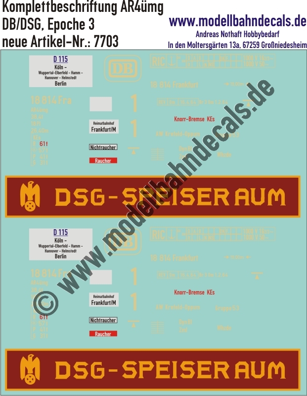 "Nass-Schiebebilder: Personenwagen-Komplettbeschriftung AR4ümg - DB/DSG, Epoche 3. Artikel-Nummer: 7703"
