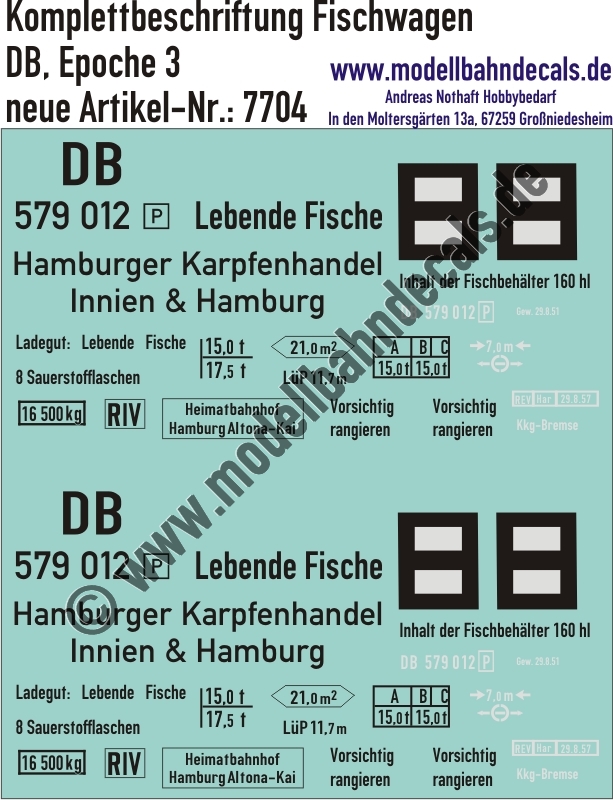 "Nass-Schiebebilder: Güterwagen-Komplettbeschriftung für Fischwagen/Kühlwagen Hamburger Karpfenhandel Innien & Hamburg, DB, Epoche 3. Artikel-Nummer: 7704"
