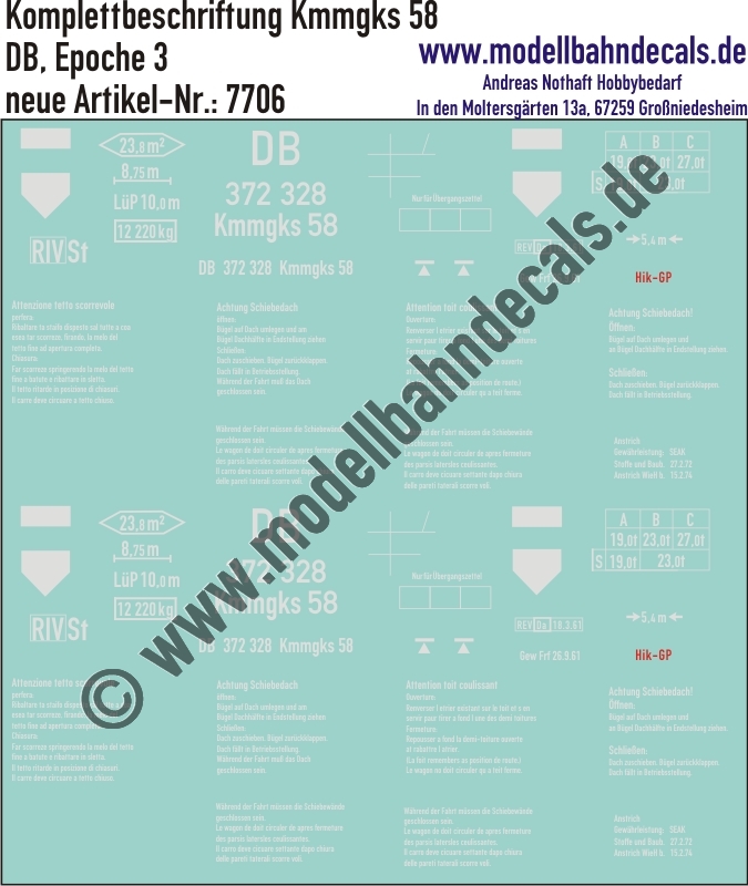 "Nass-Schiebebilder: Güterwagen-Komplettbeschriftung für Kmmgks 58, DB, Epoche 3. Artikel-Nummer: 7706"