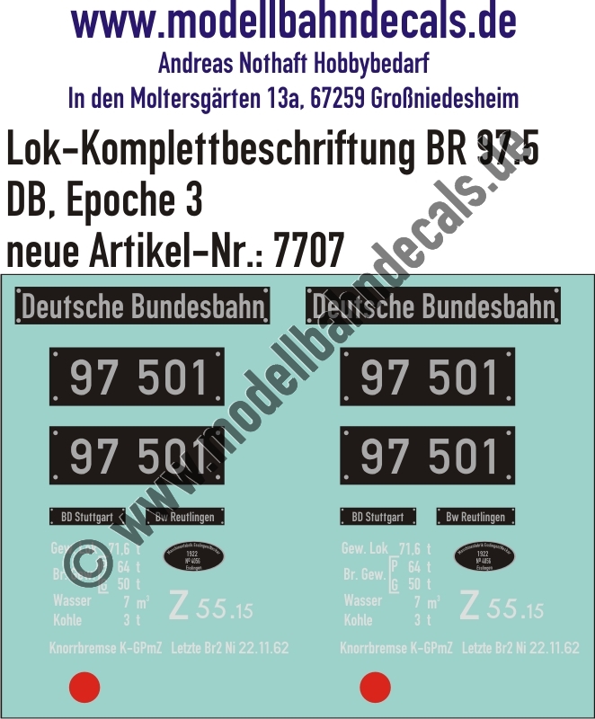 "Nass-Schiebebilder: Lok-Komplettbeschriftung BR 97.5, DB, Epoche 3. Artikel-Nummer: 7707"