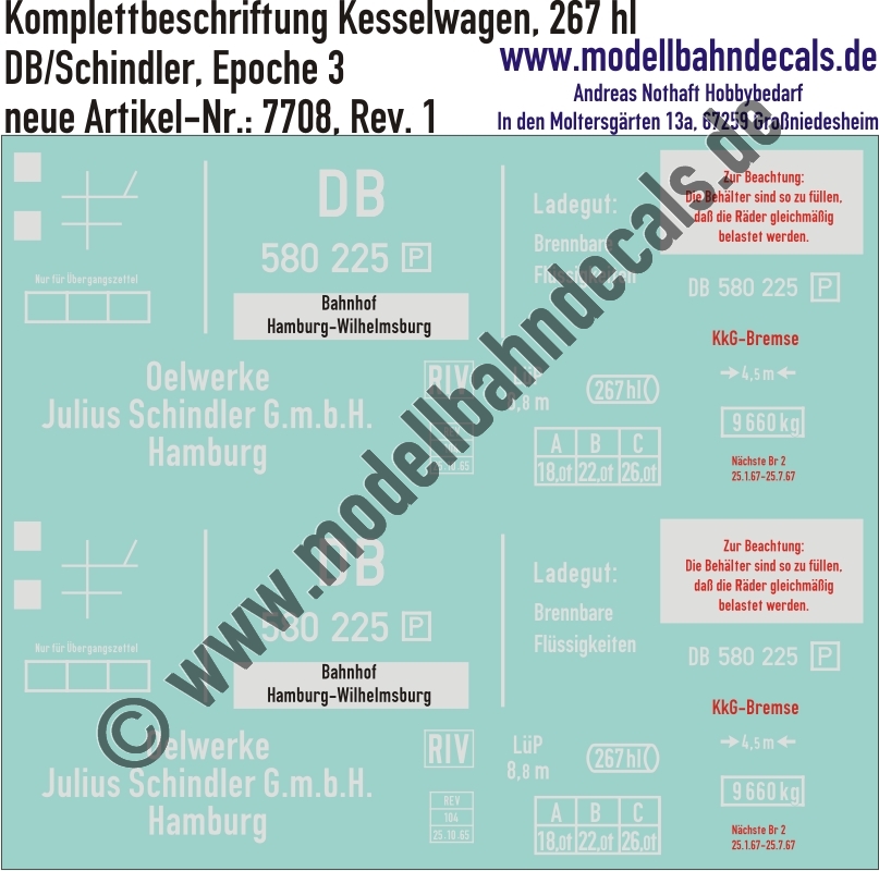 "Nass-Schiebebilder: Güterwagen-Komplettbeschriftung Kesselwagen 267 hl Oelwerke Julius Schindler Hamburg, DB, Epoche 3. Artikel-Nummer: 7708"