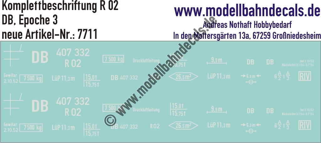 "Nass-Schiebebilder: Güterwagen-Komplettbeschriftung R 02, DB, Epoche 3. Artikel-Nummer: 7711"