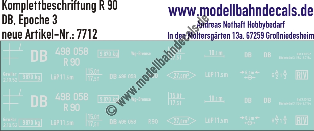 "Nass-Schiebebilder: Güterwagen-Komplettbeschriftung R 90, DB, Epoche 3. Artikel-Nummer: 7712"