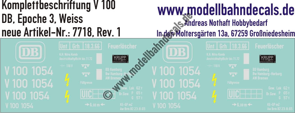 "Nass-Schiebebilder: Lok-Komplettbeschriftung V 100, DB Epoche 3, Weiss. Artikel-Nummer: 7718"