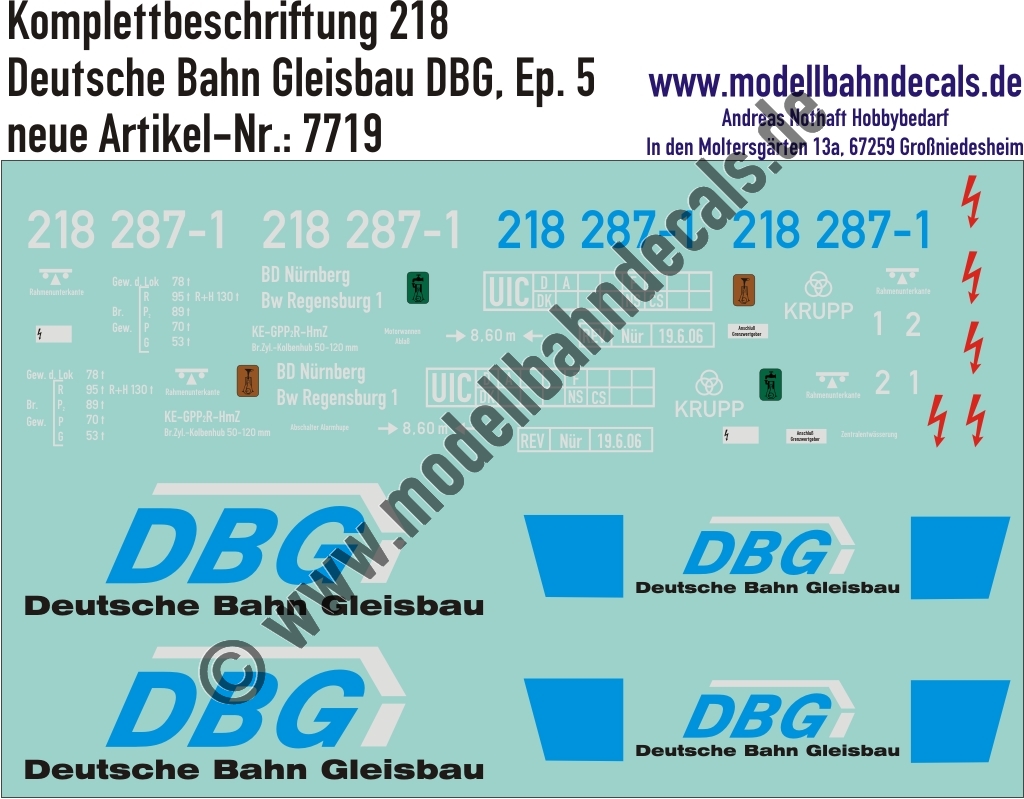 "Nass-Schiebebilder: Lok-Komplettbeschriftung 218, DBG (Deutsche Bahn Gleisbau), Epoche 5. Artikel-Nummer: 7719"