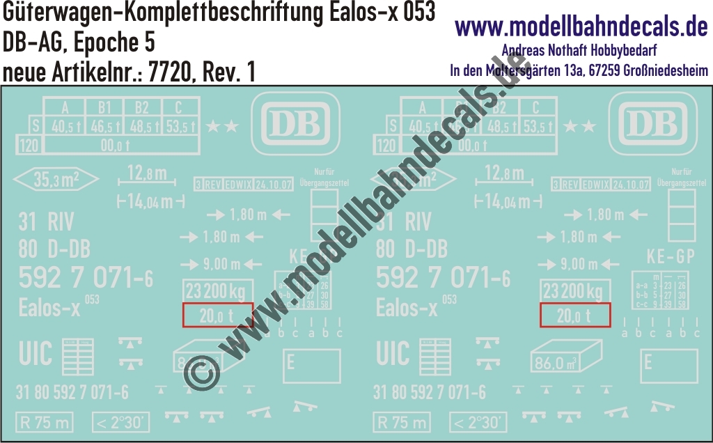 Nass-Schiebebilder: Güterwagen-Komplettbeschriftung Ealos-x 053 - DB Epoche 4. Artikel-Nummer: 7720