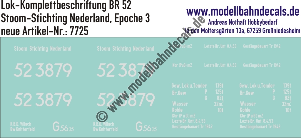 Nass-Schiebebilder: Lok-Komplettbeschriftung BR 52 (Stoom Stichting Nederland) - Epoche 3. Artikel-Nummer: 7725