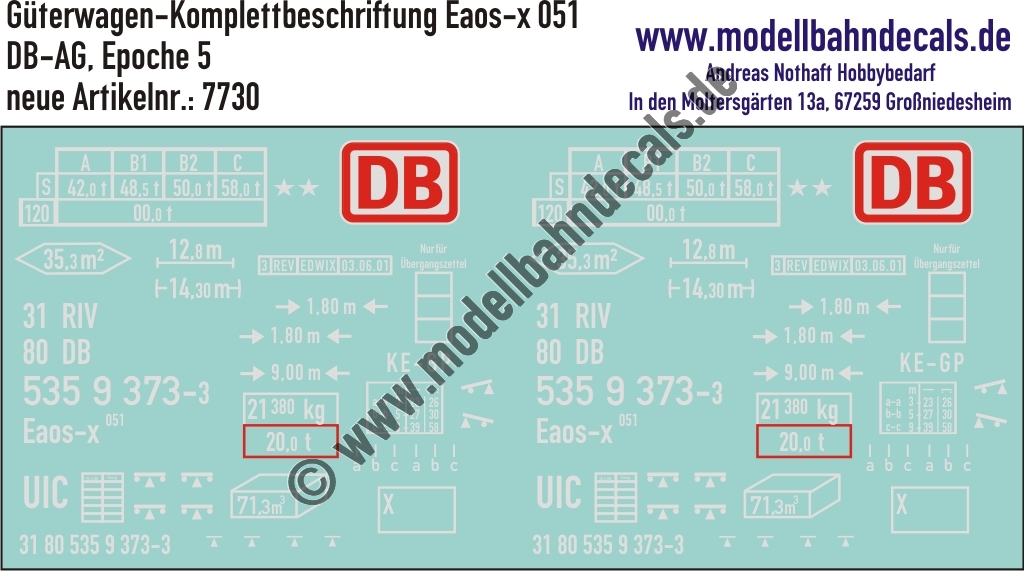 "Nass-Schiebebilder: Güterwagen-Komplettbeschriftung Eaos-x 051 - DB-AG, Epoche 5. Artikel-Nummer: 7730"