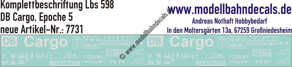 "Nass-Schiebebilder: Güterwagen-Komplettbeschriftung Lbs 598 DB-Cargo, Epoche 5. Artikel-Nummer: 7731"