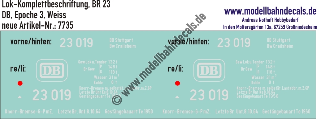 "Nass-Schiebebilder: Lok-Komplettbeschriftung BR 23, DB, Epoche 3. Artikel-Nummer: 7735"