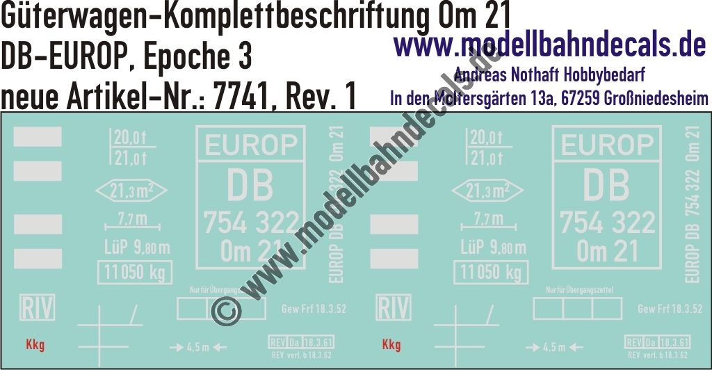 "Nass-Schiebebilder: Güterwagen-Komplettbeschriftung Om 21, DB-EUROP, Epoche 3. Artikel-Nummer: 7741"