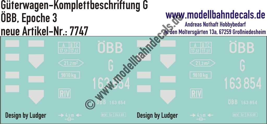 "Nass-Schiebebilder: Güterwagen-Komplettbeschriftung G, ÖBB, Epoche 3. Artikel-Nummer: 7747"