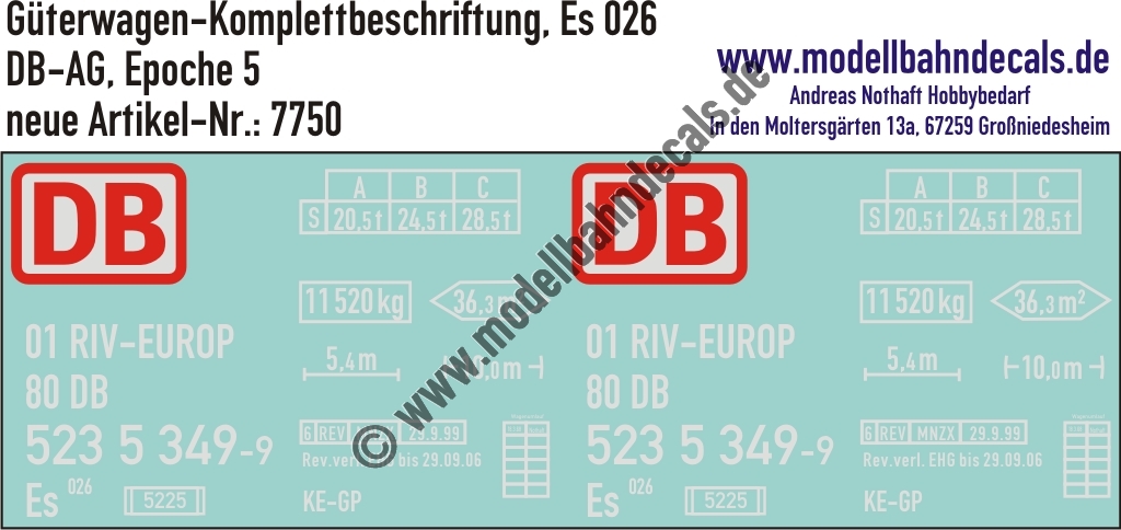 "Nass-Schiebebilder: Güterwagen-Komplettbeschriftung Es 026, DB-AG, Epoche 5. Artikel-Nummer: 7750"