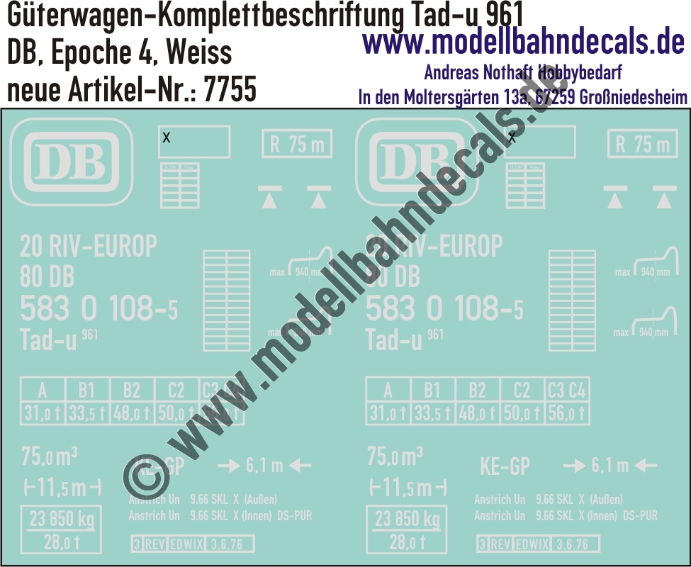 "Nass-Schiebebilder: Güterwagen-Komplettbeschriftung Tad-u 961, DB, Epoche 4. Artikel-Nummer: 7755"