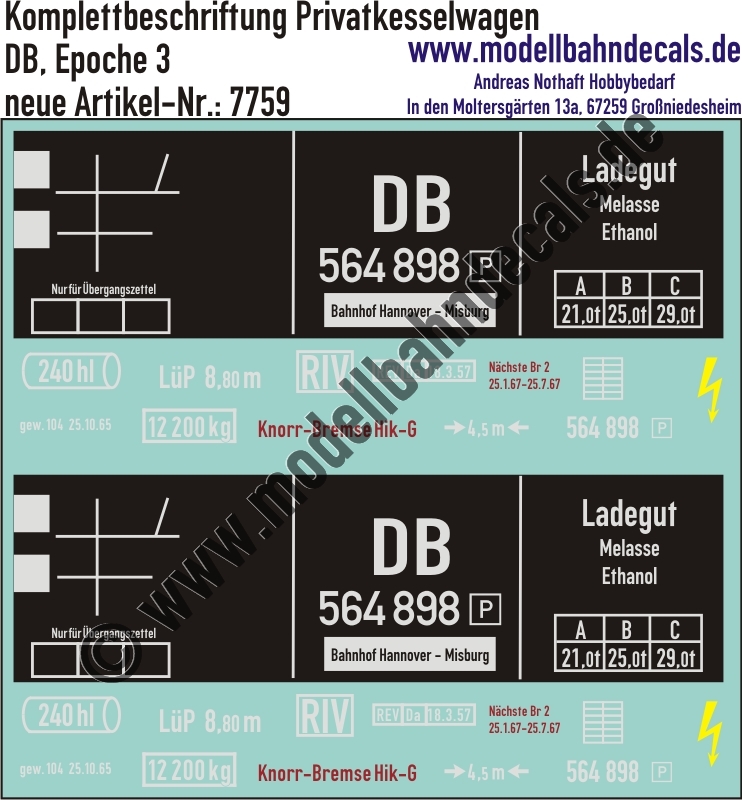 "Nass-Schiebebilder: Kesselwagen Komplettbeschriftungen DB 240 hl für Melasse/Ethanol, DB, Epoche 3. Artikel-Nummer: 7759"