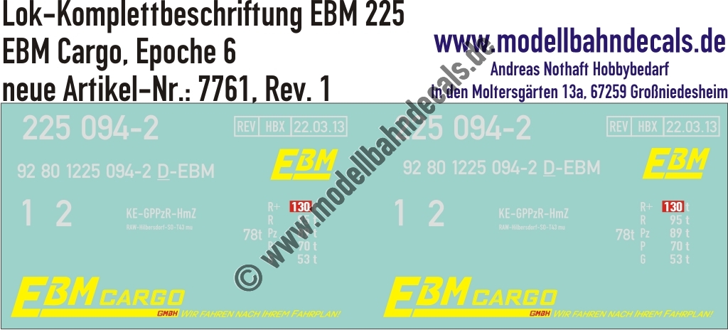 "Nass-Schiebebilder: Lok-Komplettbeschriftung BR 225, EBM-Cargo, Epoche 6. Artikel-Nummer: 7761"